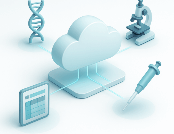 Scifeon cloud platform connected to lab icons like DNA, microscope, and inventory